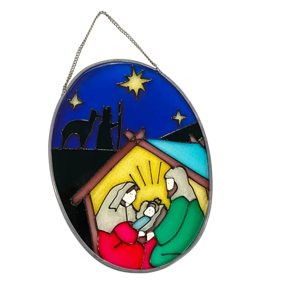 Stained Glass Nativity Set Wall Decor Baby Jesus in Manger Joseph Mary Holy